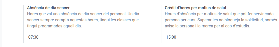 Bloc de configuració d'absències del personal, amb els camps de dia sencer i crèdit de salut
