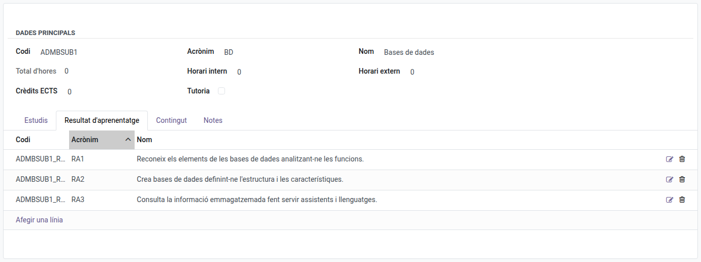 Fitxa d'una assignatura, amb els resultats d'aprenentatge a la pestanya Resultat d'aprenentatge