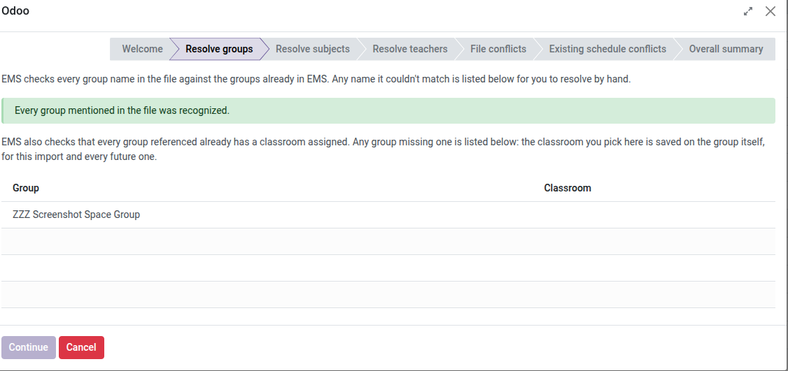 Pantalla de Resoldre grups amb un grup ja resolt però encara sense aula assignada