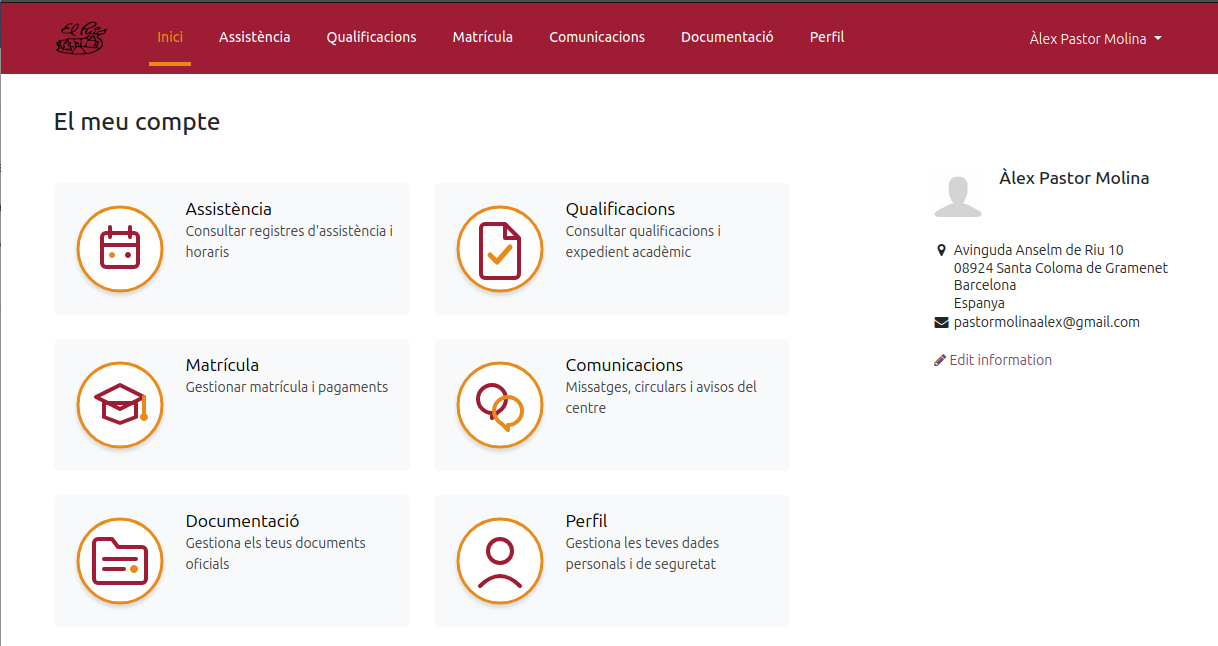 Pàgina d'inici del portal amb l'accés a l'apartat Matrícula