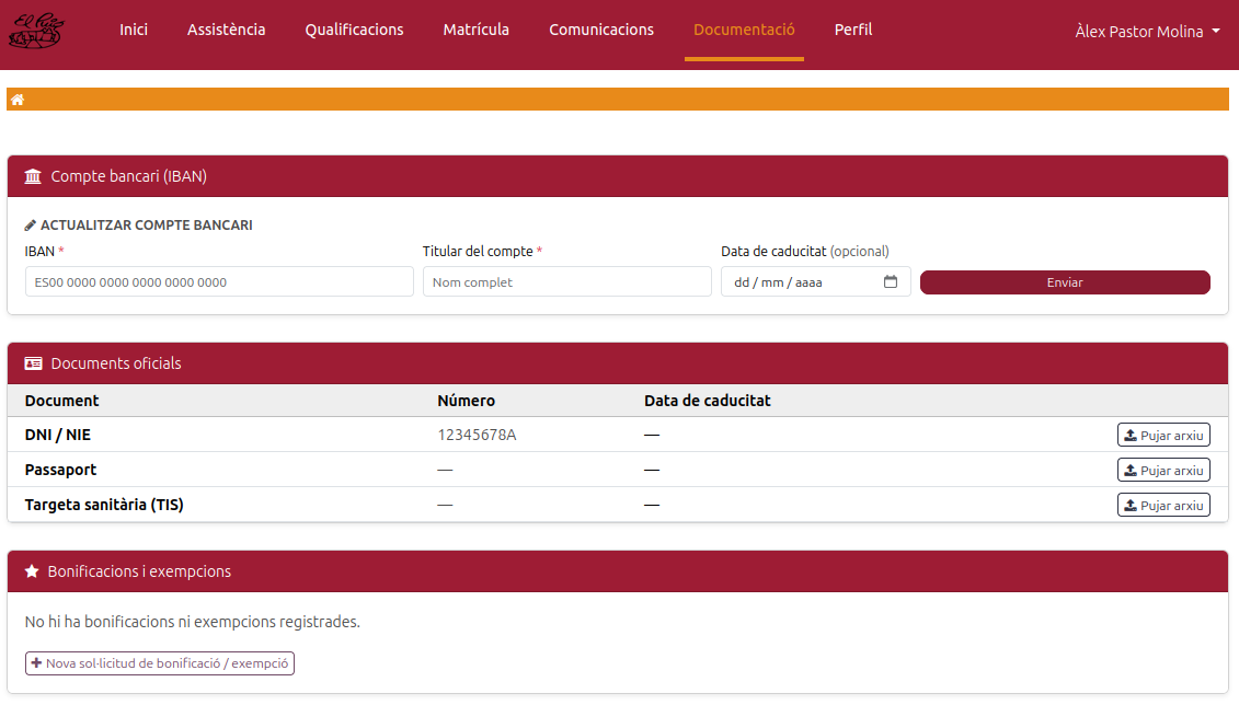 Apartat Documentació amb el formulari de compte bancari (IBAN)