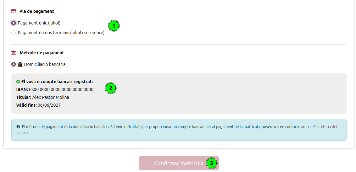 Secció de pagament amb el compte bancari ja registrat