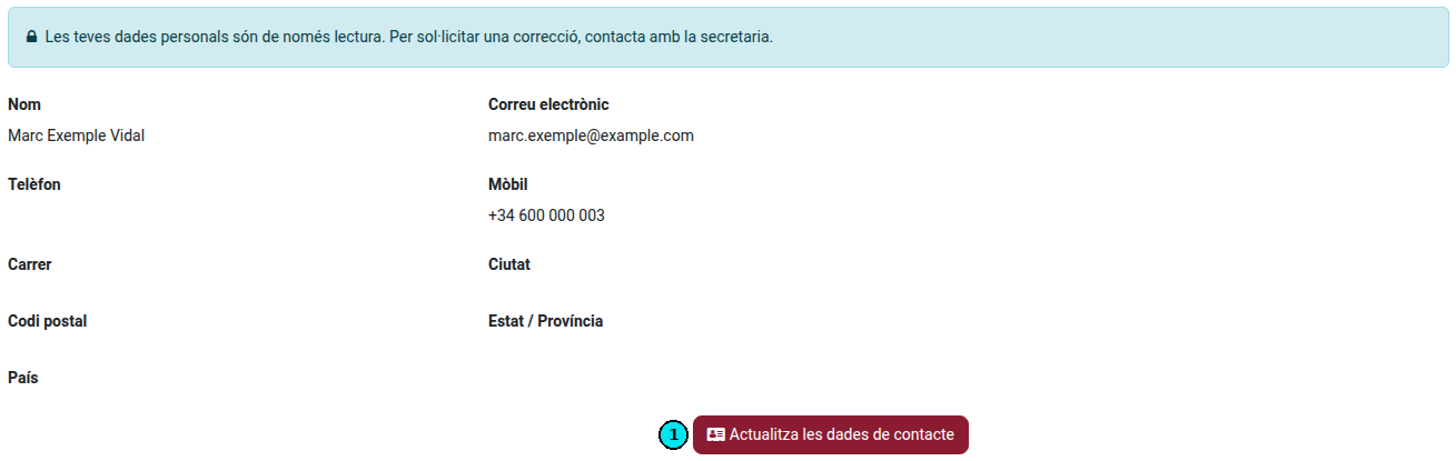Pestanya Perfil amb el botó Actualitza les dades de contacte