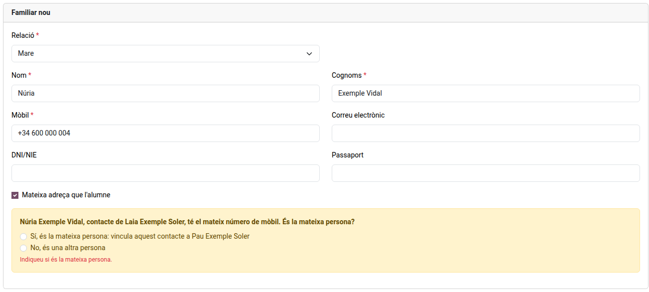 Avís que un contacte d'un altre fill té el mateix mòbil, amb les respostes sí i no