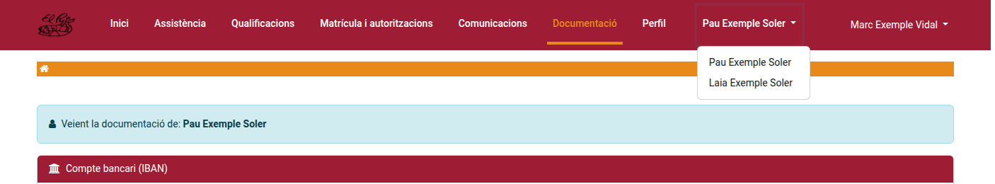 Capçalera del portal amb el selector d'alumne obert i el nom de l'alumne del qual es mostra la documentació
