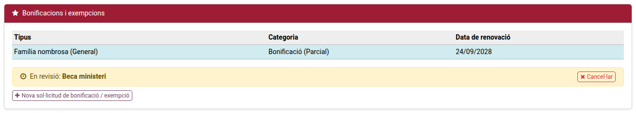 Secció de bonificacions i exempcions, amb un benefici aprovat i una sol·licitud pendent de revisió