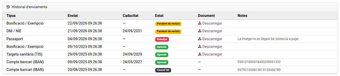 Historial d'enviaments amb l'estat de cada tramitació i el motiu d'un rebuig