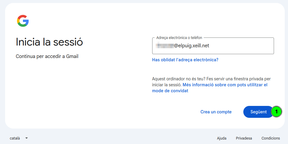 Pantalla d'inici de sessió de Google amb l'adreça de correu de l'institut