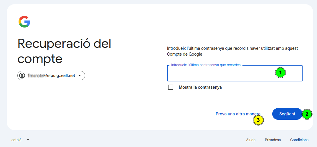 Pantalla de recuperació del compte demanant l'última contrasenya recordada