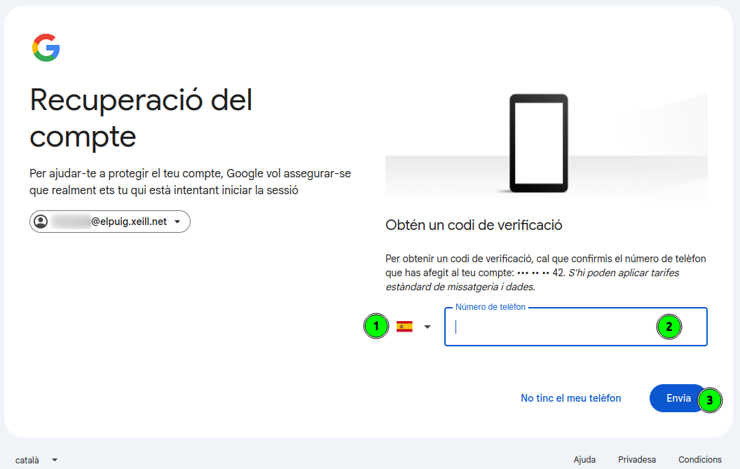 Pantalla per confirmar el número de telèfon i obtenir un codi de verificació
