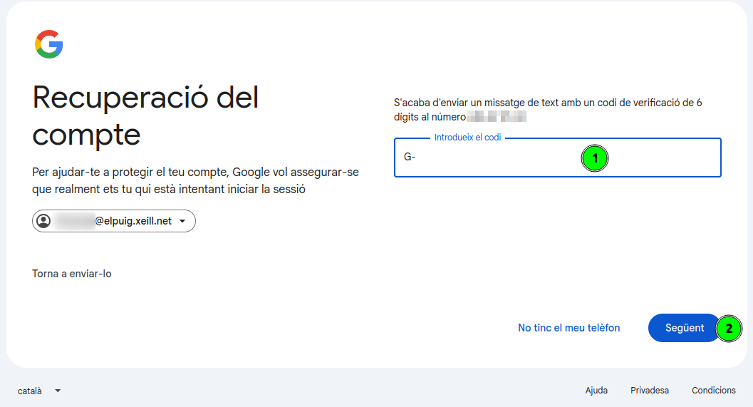 Pantalla per introduir el codi de verificació rebut per SMS