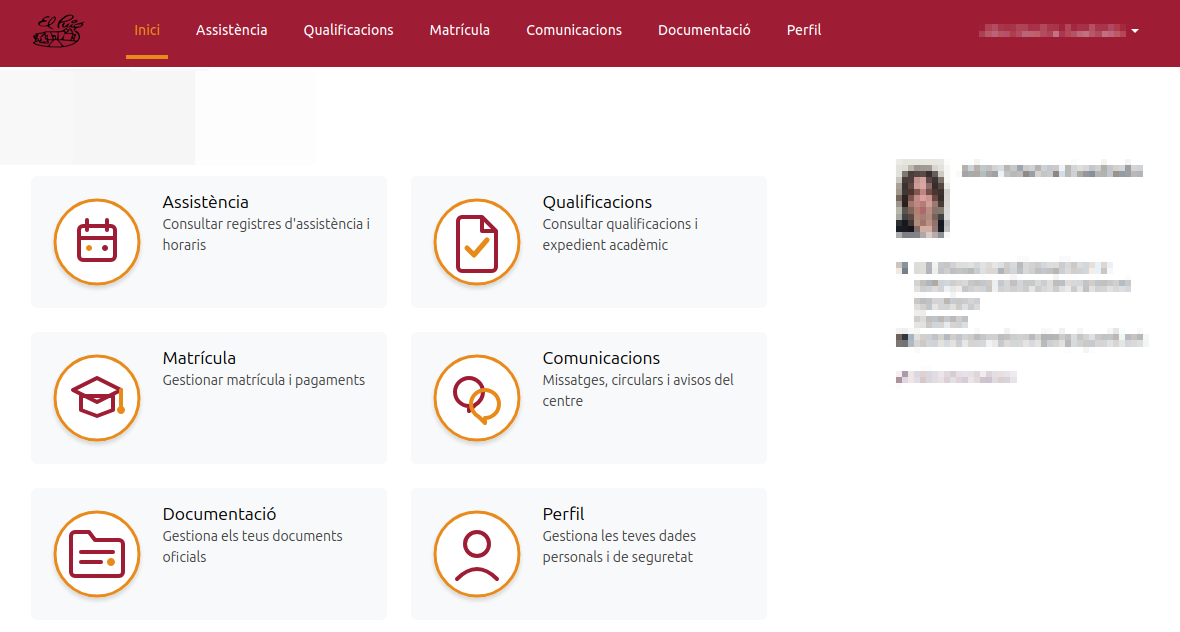 Panell principal i targetes de serveis del portal de l'alumne
