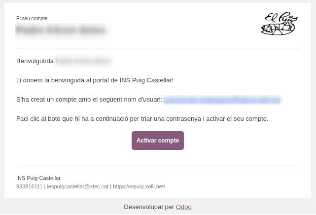 Email de benvinguda i invitació a activar el compte del portal