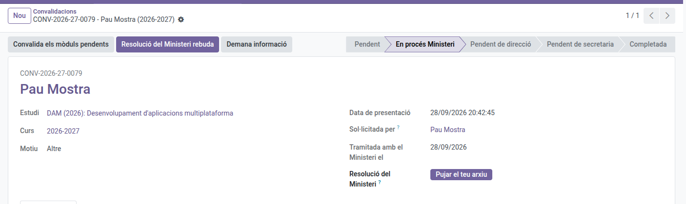 Sol·licitud en procés Ministeri