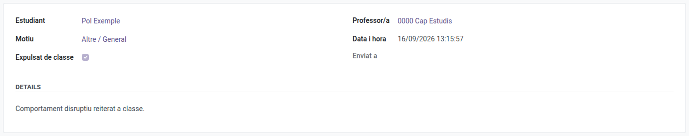 Fitxa d'un strike amb la casella Expulsat de classe marcada