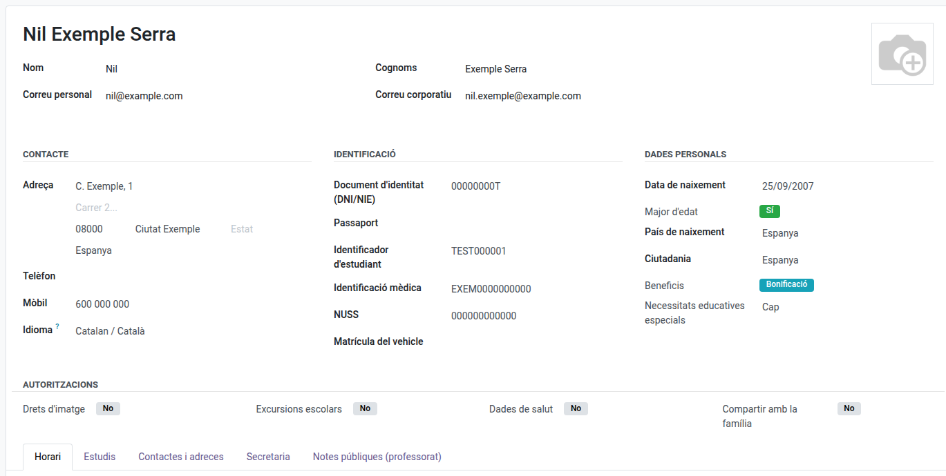 Part superior de la fitxa d'un alumne: noms, correus, les columnes Contacte, Identificació i Dades personals, i el resum d'autoritzacions