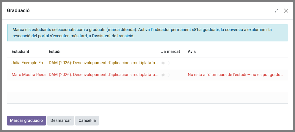 Assistent de graduació: un alumne es pot marcar i l'altre mostra per què no (no és a l'últim curs)
