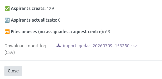 Resum del resultat de la importació