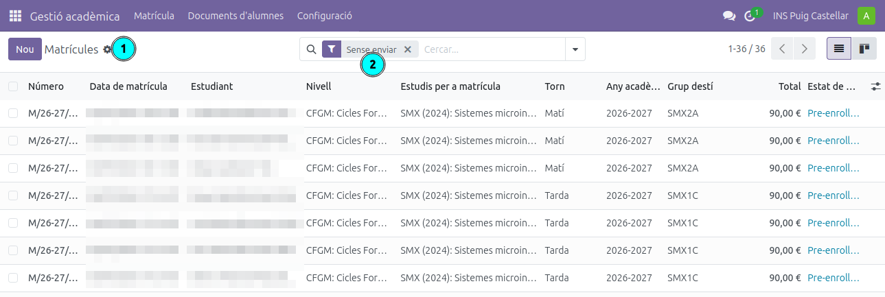 Vista de Matrícules amb el filtre Sense enviar