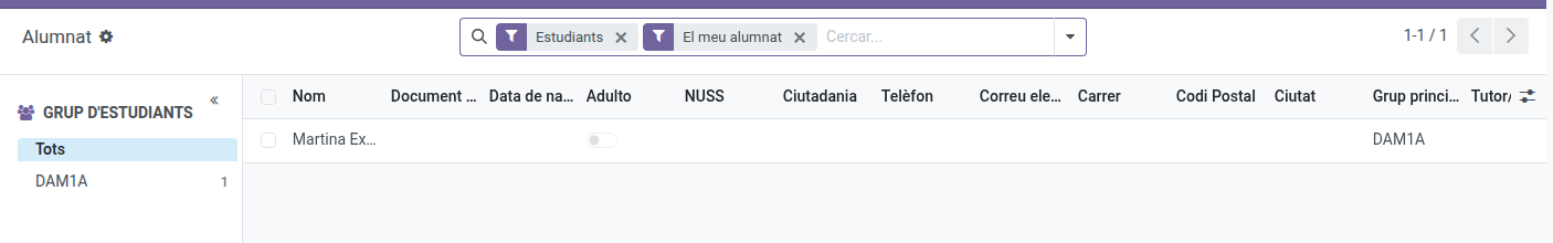 La llista d'Alumnat amb els dos filtres aplicats, mostrant només un alumne del propi grup del professor