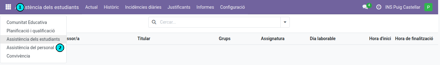 El menú d'aplicacions amb Assistència del personal seleccionat