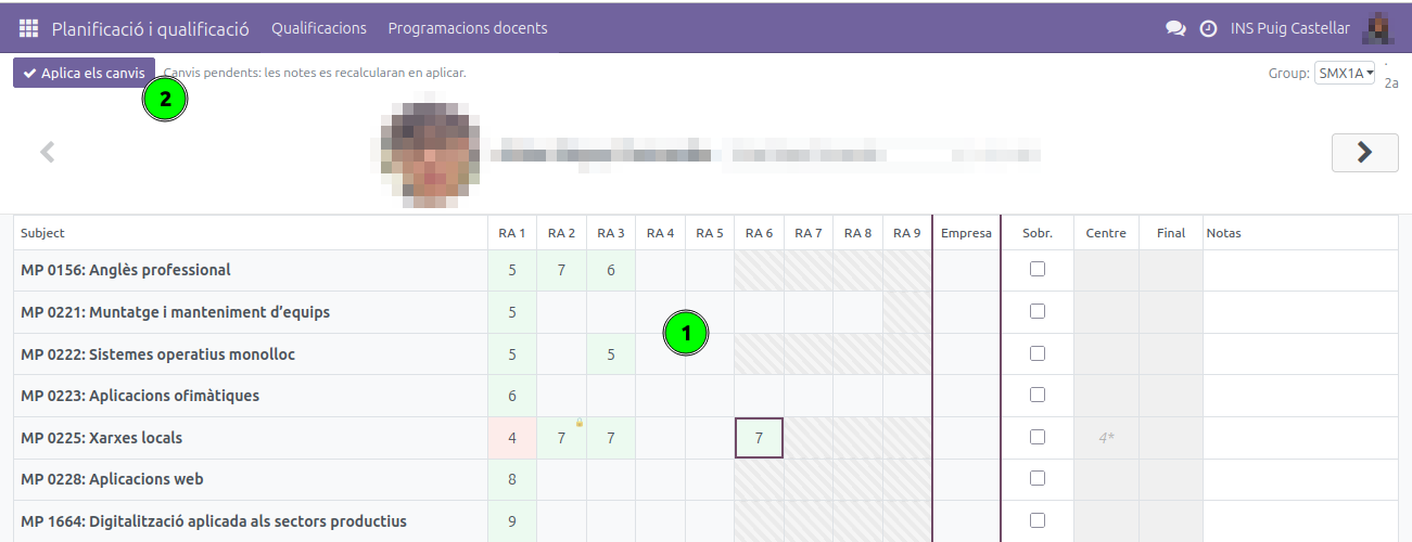 Edició d'una cel·la a la vista de tutor