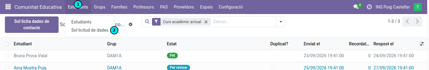 Menú Comunitat Educativa amb la secció Estudiants oberta: Estudiants i Sol·licitud de dades