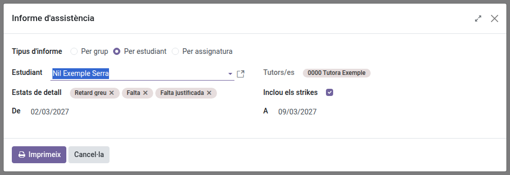 Formulari per imprimir l'informe d'assistència per alumne, amb un alumne tutorat seleccionat i el tutor i les dates emplenats